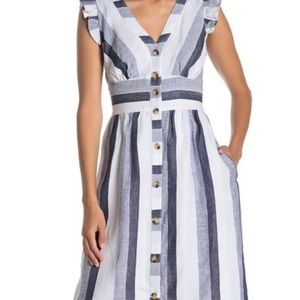 Indigo Stripe Button Front Linen Midi Dress